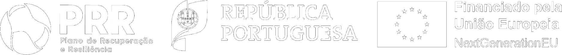 Logotipos PRR — Plano de Recuperação e Resiliência, República Portuguesa e Financiado pela União Europeia NextGenerationEU